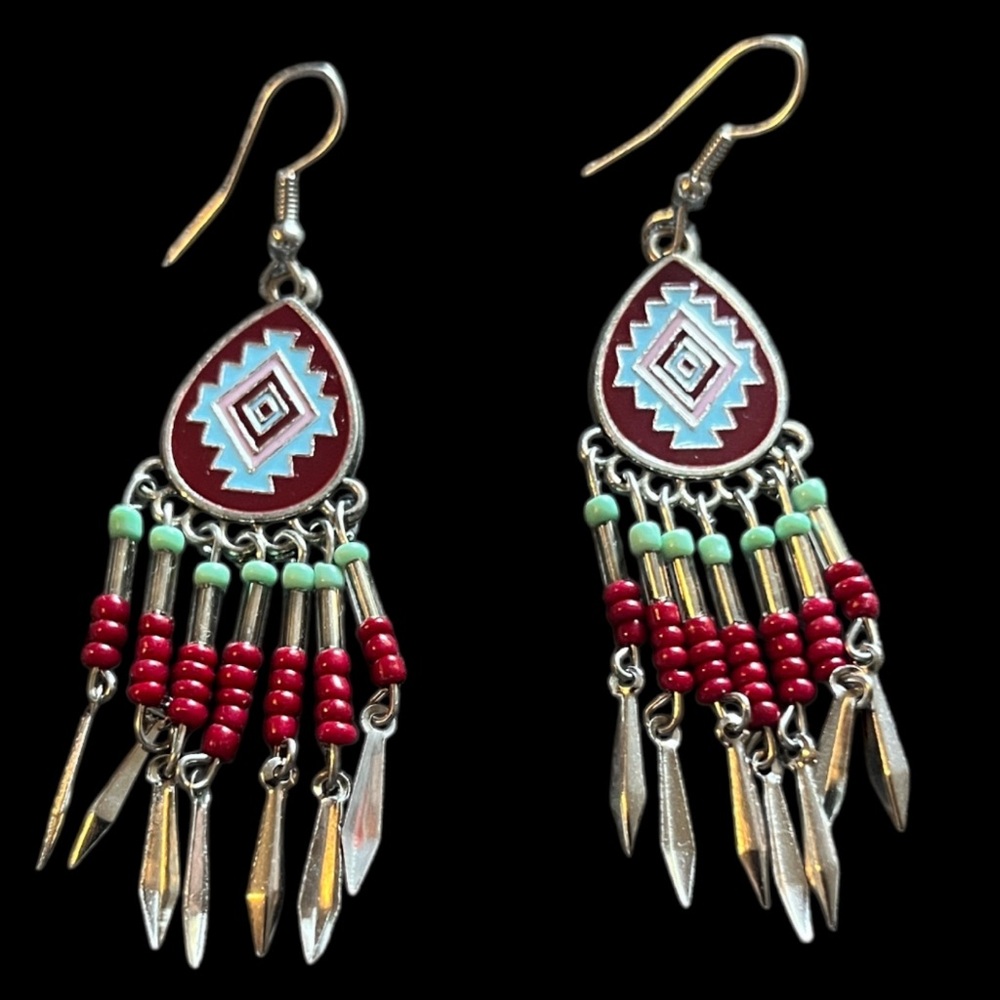 Bohemian Red and Silver Dangle Earrings